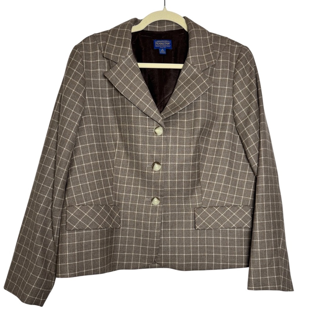 Pendleton Women's 100% Wool Plaid‎ Blazer Jacket Brown Beige Petite Size 12